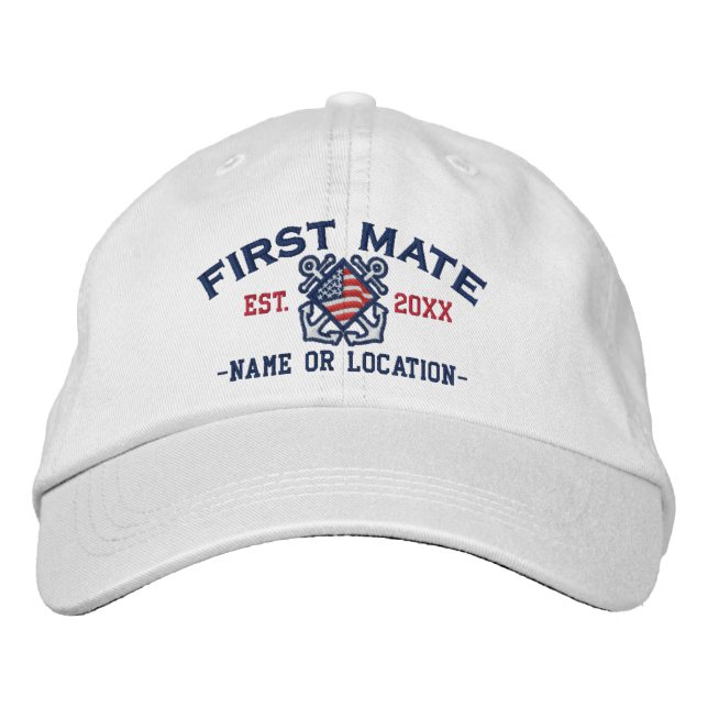 Personalized American Flag First Mate Nautical Embroidered Baseball Hat (Front)