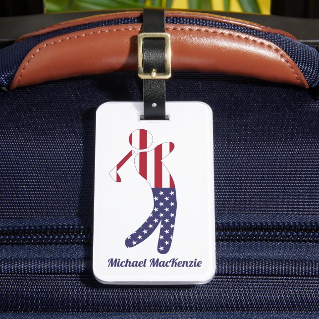 Personalized American Flag Golf Player Luggage Tag (Front Insitu 2)