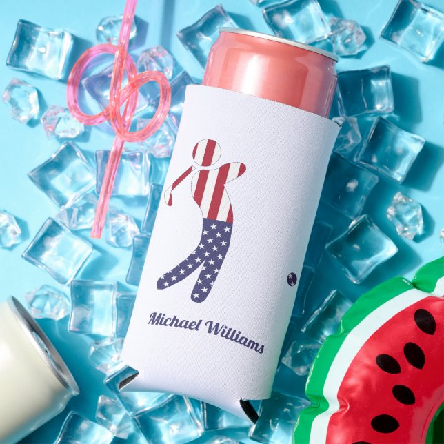 Personalized American Flag Golf Player  Seltzer Can Cooler (In Situ Summer)