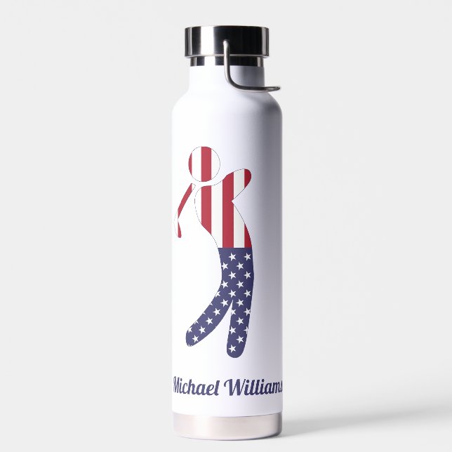 Personalized American Flag Golf Player  Water Bottle (Left)