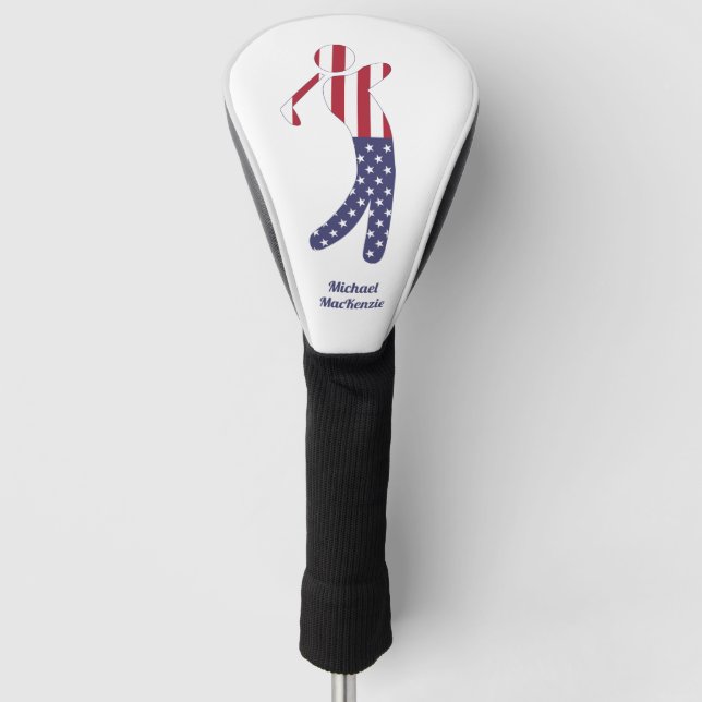 Personalized American Flag Golfer Silhouette Golf Head Cover (Front)