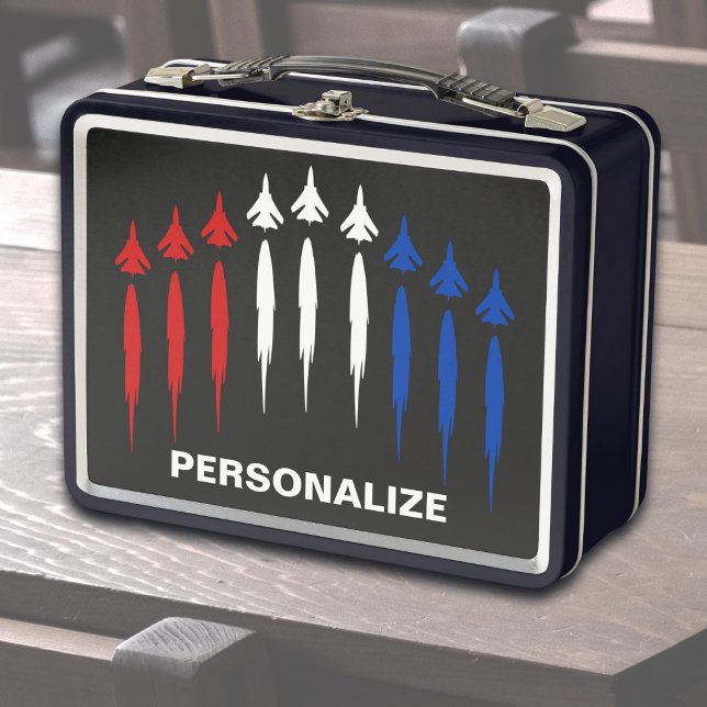 Personalized American Flag Jet Fighters Patriotic Metal Lunch Box (Jets forming an American flag lunchbox)