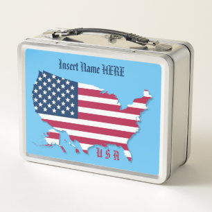 Personalized American Flag, Map Red White & Blue Metal Lunch Box