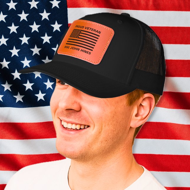 Personalized American Flag Rank & Name Leather  Patch Hat (Personalized American Flag Rank & Name Leather Leather Patch Hat)