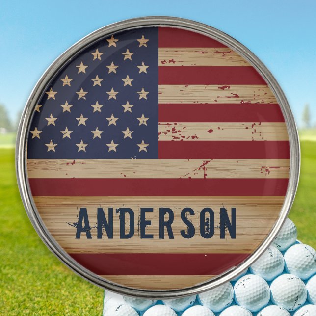 Personalized American Flag Rustic Wood Patriotic Golf Ball Marker (Creator Uploaded)