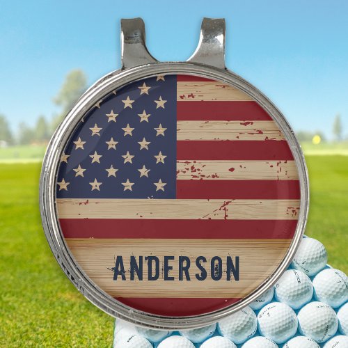 Personalized American Flag Rustic Wood Patriotic Golf Hat Clip