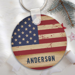 Personalized American Flag Rustic Wood Patriotic Keychain