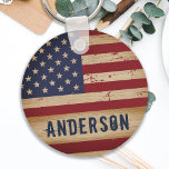 Personalized American Flag Rustic Wood Patriotic Keychain<br><div class="desc">USA American Flag keychain in a distressed worn rustic wood design. Show your American pride and add a fun game to your 4th of July party or give a special gift with this USA American Flag keychain in a distressed worn grunge design. This united states of america flag keychain design...</div>