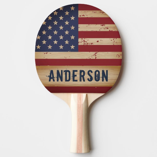 Personalized American Flag Rustic Wood Patriotic Ping Pong Paddle (Front)