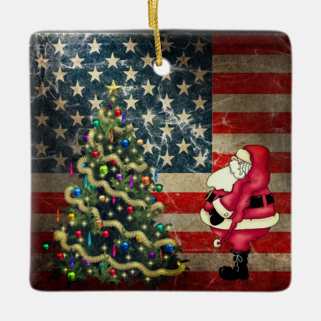 Personalized American Flag, Santa, Christmas Tree Ceramic Ornament (Front)