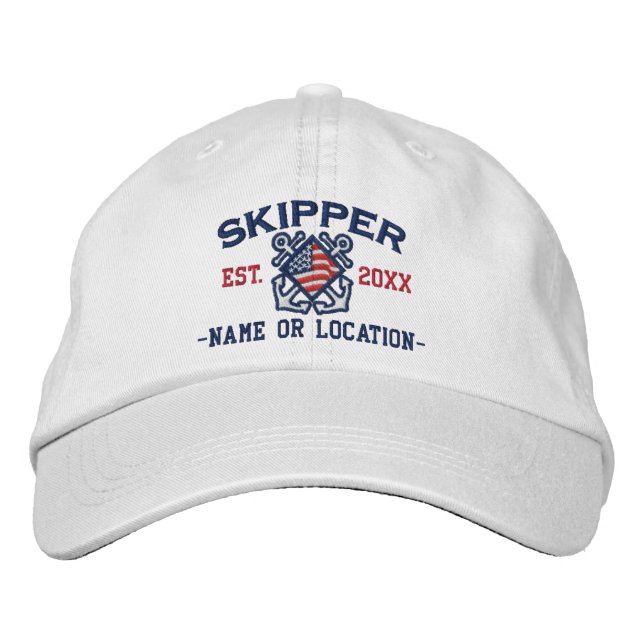 Personalized American Flag Skipper Nautical Embroidered Baseball Hat (Front)