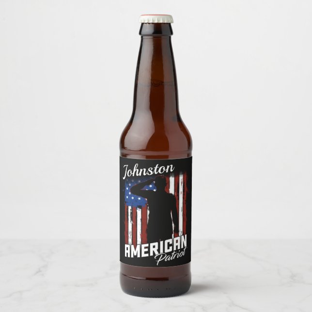 Personalized American Patriot Soldier USA Flag  Beer Bottle Label (Front)