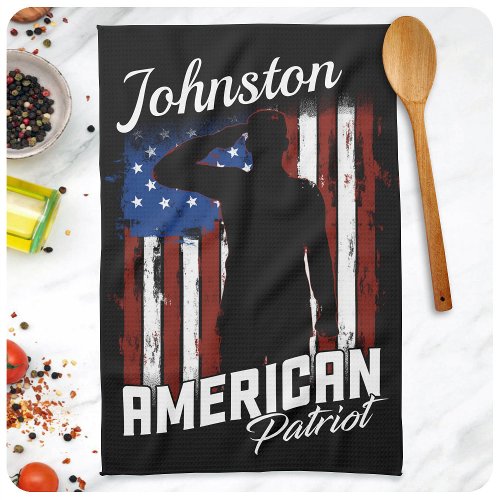 Personalized American Patriot Soldier USA Flag Kitchen Towel