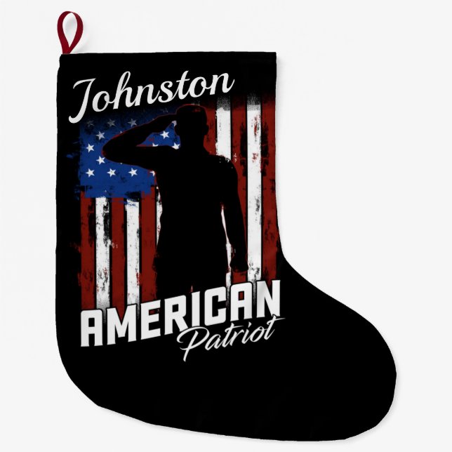 Personalized American Patriot Soldier USA Flag Large Christmas Stocking (Front)