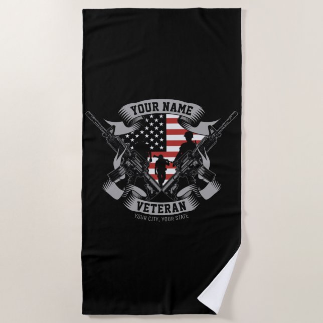 Personalized American Veteran Proud Vet USA Flag Beach Towel (Front)