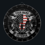 Personalized American Veteran Proud Vet USA Flag Dart Board<br><div class="desc">Personalized American Veteran Proud Vet USA Flag featuring Soldiers with Firearms and American Flag Design. Personalized with your Name,  Custom Text and Location! Perfect gift for that special person in your life!</div>