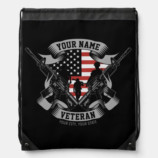 Personalized American Veteran Proud Vet USA Flag  Drawstring Bag (Front)