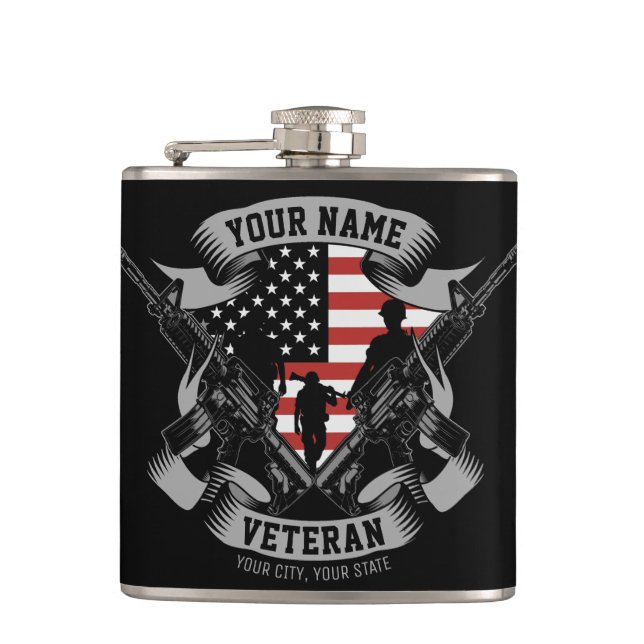 Personalized American Veteran Proud Vet USA Flag  Flask (Front)