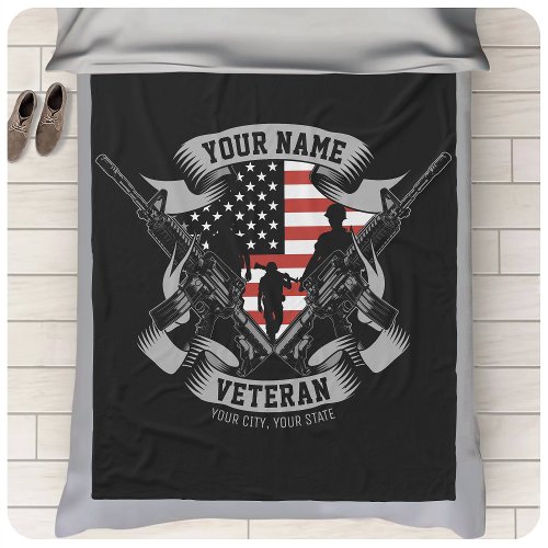 Personalized American Veteran Proud Vet USA Flag Fleece Blanket