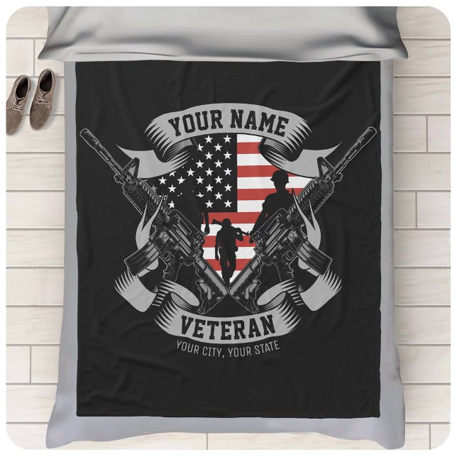Personalized American Veteran Proud Vet USA Flag Fleece Blanket (Creator Uploaded)
