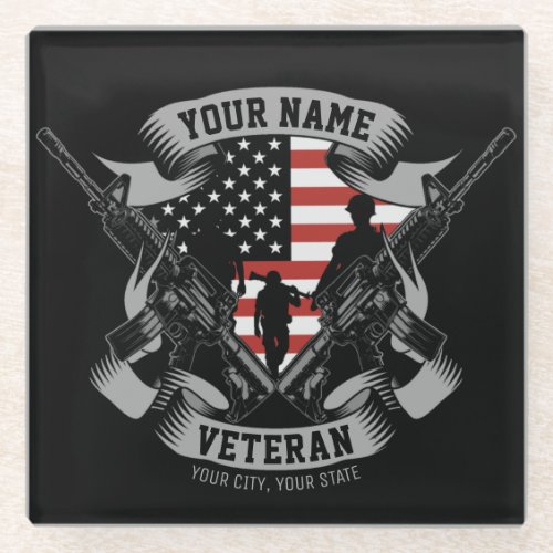 Personalized American Veteran Proud Vet USA Flag Glass Coaster