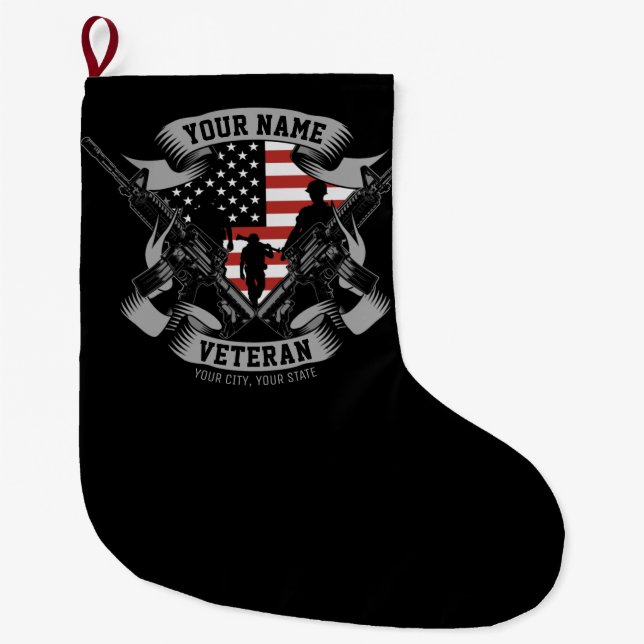 Personalized American Veteran Proud Vet USA Flag  Large Christmas Stocking (Front)