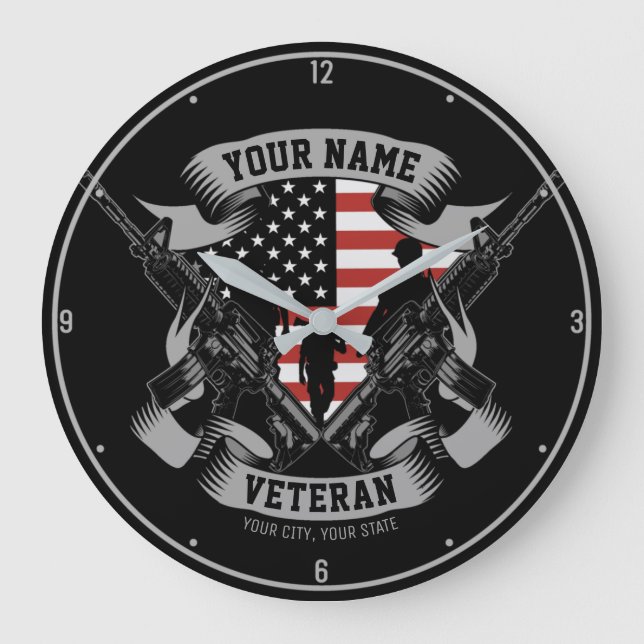 Personalized American Veteran Proud Vet USA Flag Large Clock (Front)