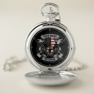 Personalized American Veteran Proud Vet USA Flag Pocket Watch