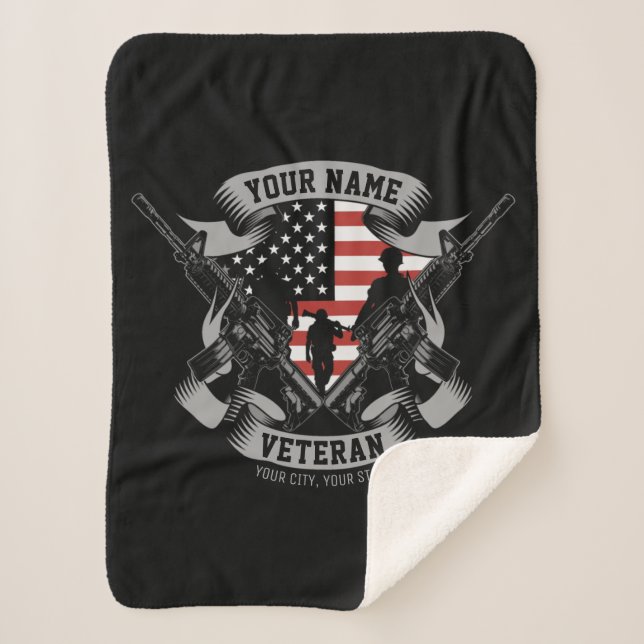 Personalized American Veteran Proud Vet USA Flag Sherpa Blanket (Front)
