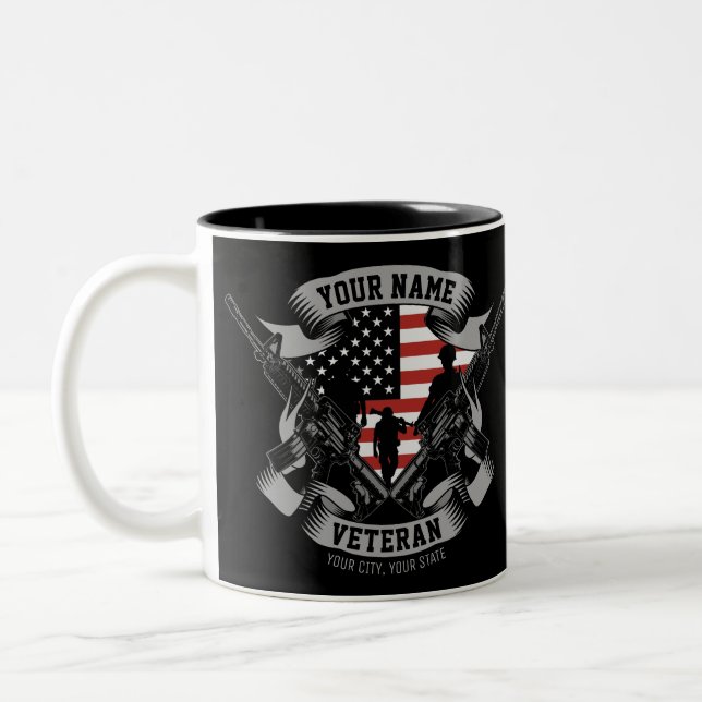 Personalized American Veteran Proud Vet USA Flag  Two-Tone Coffee Mug (Left)