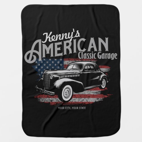 Personalized American Vintage Classic Car Garage  Baby Blanket