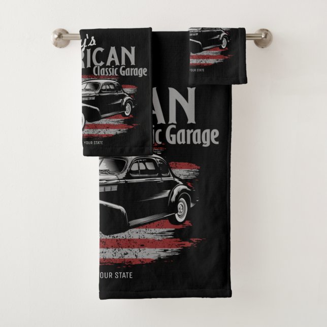Personalized American Vintage Classic Car Garage  Bath Towel Set (Insitu)