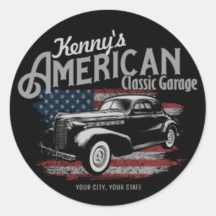 Personalized American Vintage Classic Car Garage  Classic Round Sticker