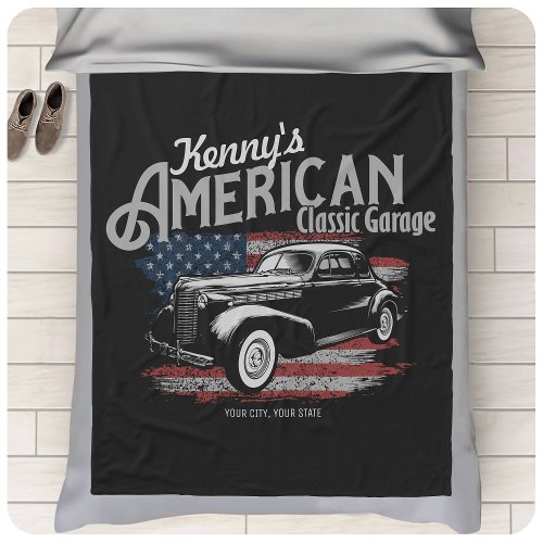 Personalized American Vintage Classic Car Garage  Fleece Blanket