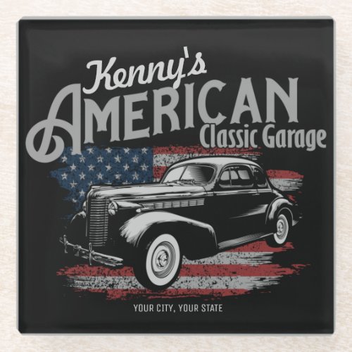 Personalized American Vintage Classic Car Garage Glass Coaster