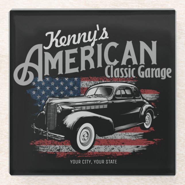 Personalized American Vintage Classic Car Garage Glass Coaster (Front)