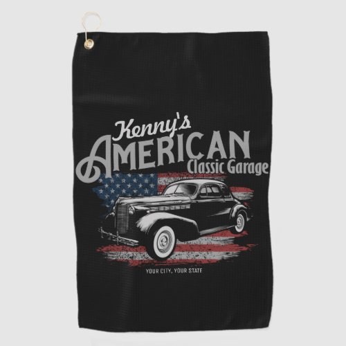 Personalized American Vintage Classic Car Garage  Golf Towel