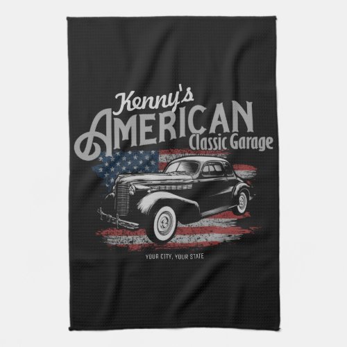 Personalized American Vintage Classic Car Garage   Kitchen Towel