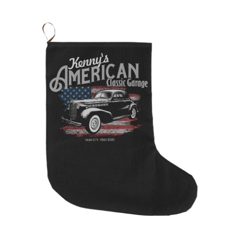 Personalized American Vintage Classic Car Garage   Large Christmas Stocking