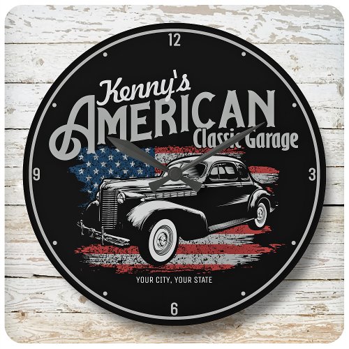 Personalized American Vintage Classic Car Garage Large Clock