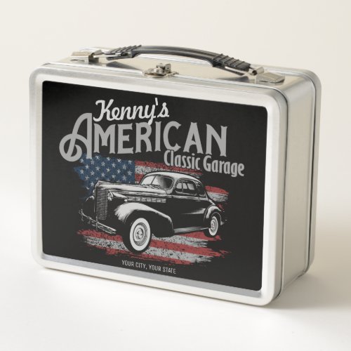 Personalized American Vintage Classic Car Garage  Metal Lunch Box