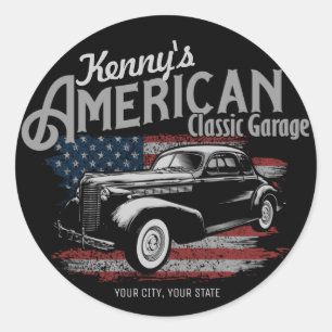 Personalized American Vintage Classic Car Garage Round Sticker
