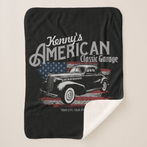 Personalized American Vintage Classic Car Garage  Sherpa Blanket
