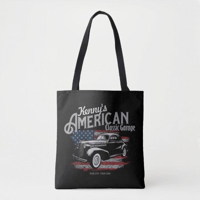 Personalized American Vintage Classic Car Garage   Tote Bag (Front)