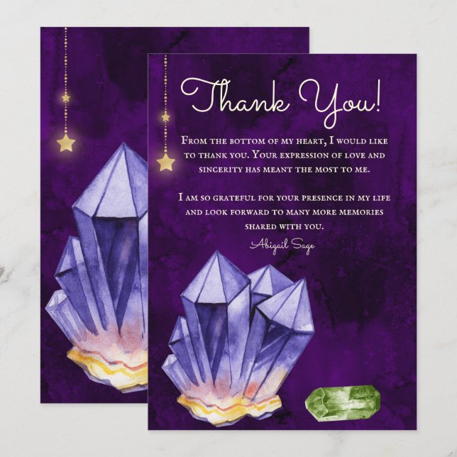 Personalized Amethyst and Beryl Crystals Purple Thank You Card (Front/Back)