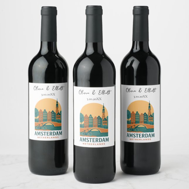 Personalized Amsterdam Netherlands Wedding Retro Wine Label (Bottles)