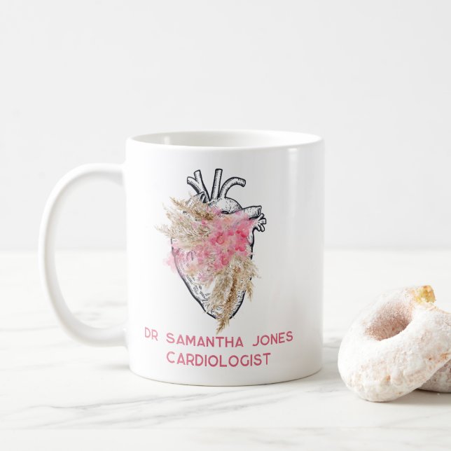 Personalized Anatomical Heart Floral Cardiologist Coffee Mug (With Donut)