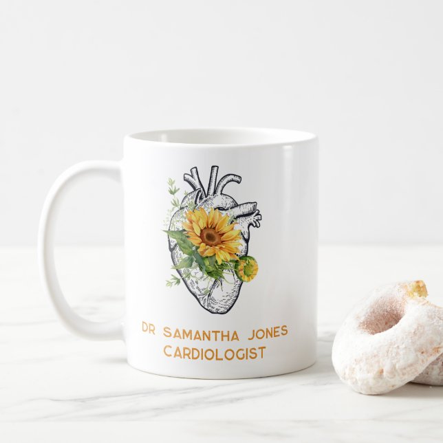 Personalized Anatomical Heart Floral Cardiologist Coffee Mug (With Donut)