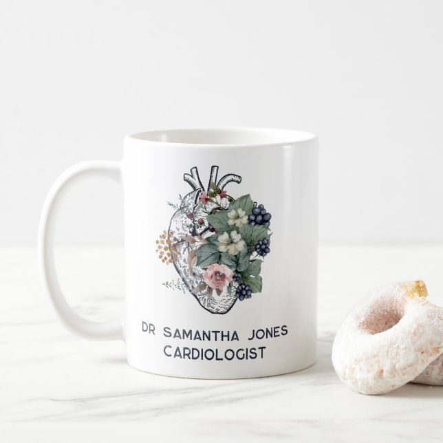 Personalized Anatomical Heart Floral Cardiologist Coffee Mug (With Donut)