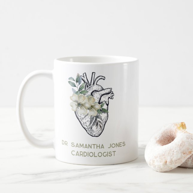 Personalized Anatomical Heart Floral Cardiologist Coffee Mug (With Donut)